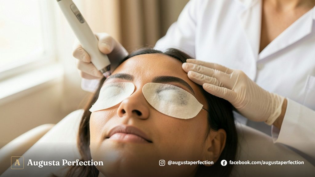 Profissional de estética em clínica realizando avaliação detalhada para remoção de micropigmentação com segurança.