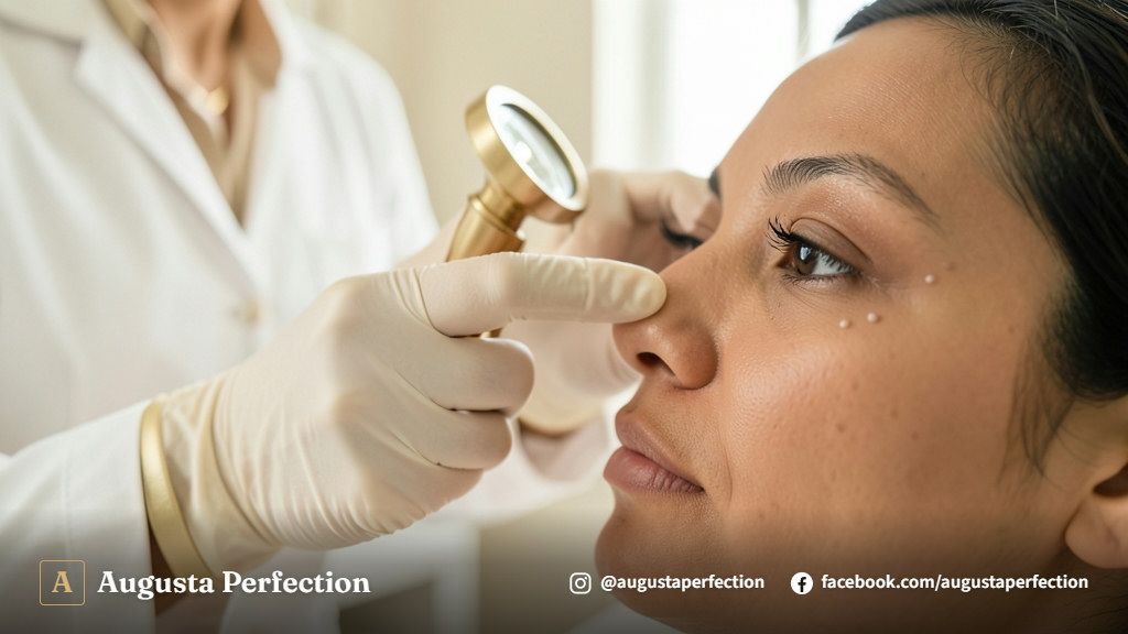 Ambiente de clínica estética premium preparado para procedimento de remoção de milium com materiais estéreis.