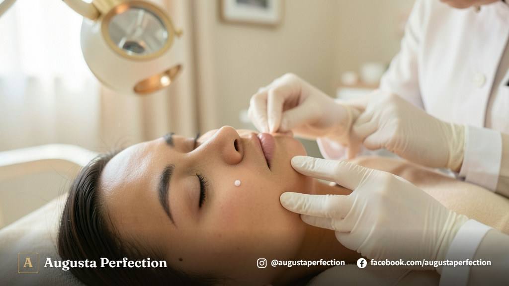 Profissional de estética realizando avaliação minuciosa da pele do rosto em ambiente clínico confortável.