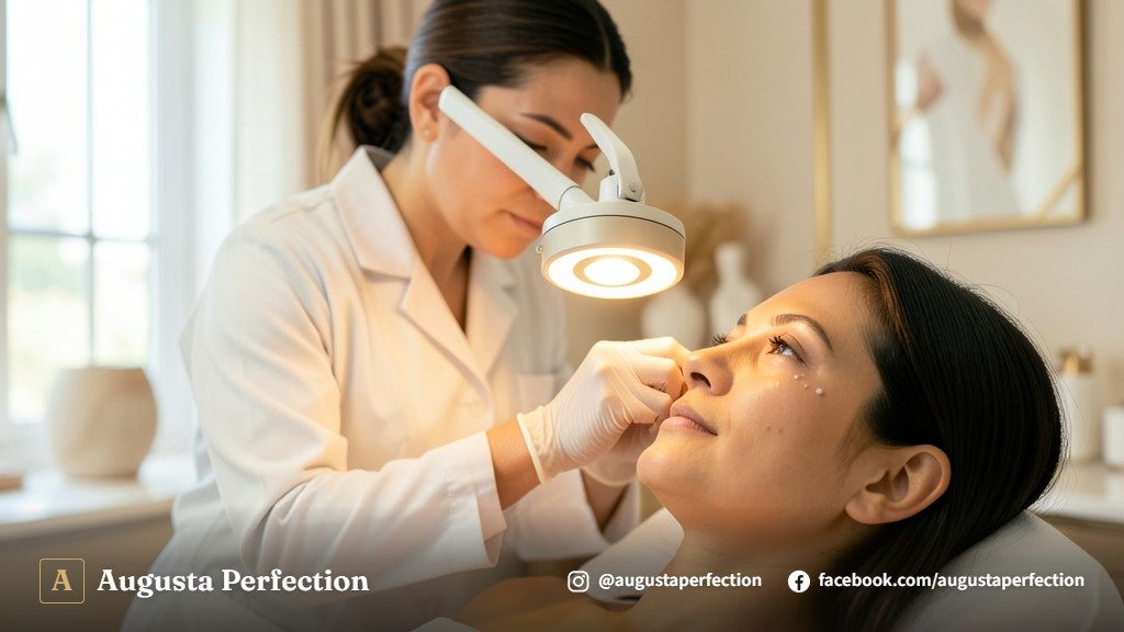 Ambiente de clínica estética elegante com luvas e cosméticos preparados para cuidados faciais de remoção de milium.