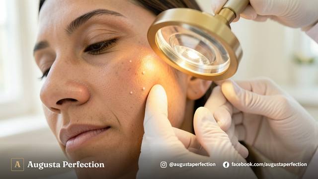 Profissional de estética preparando instrumentos esterilizados para procedimento de remoção de milium em ambiente elegante.