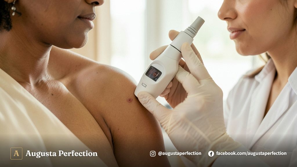 Especialista em estética realizando avaliação cuidadosa da pele em ambiente clínico aconchegante e moderno.