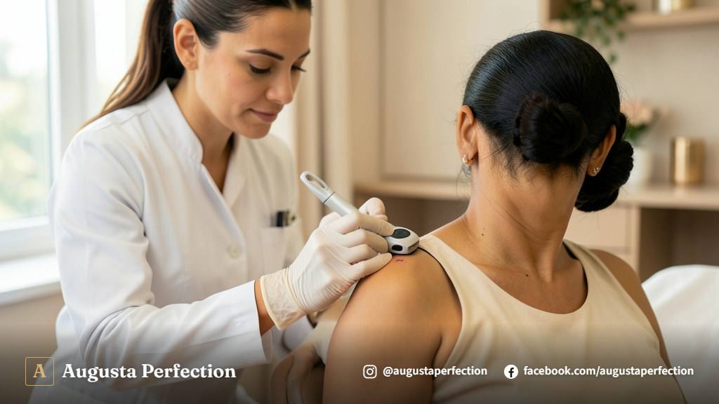 Especialista em estética manuseando equipamento de precisão em ambiente clínico para remoção de pintas.