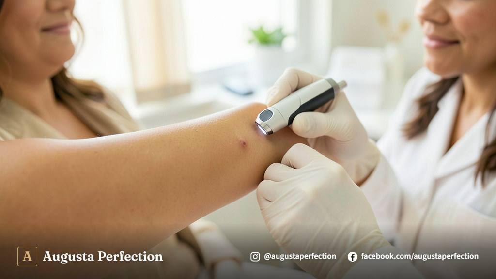 Especialista em clínica estética realizando avaliação minuciosa da pele de paciente com atenção e cuidado.