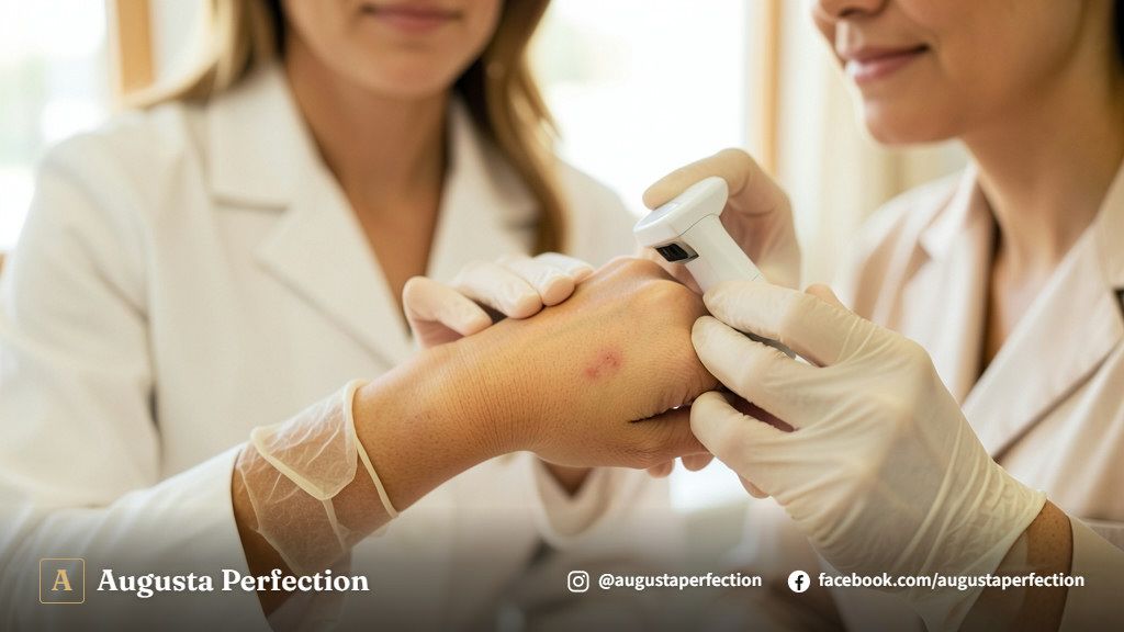 Profissional de estética em ambiente clínico realizando avaliação cuidadosa para remoção de verrugas.