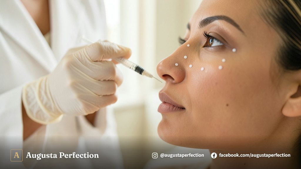 Mãos com luvas profissionais preparando preenchedor biocompatível em ambiente clínico de estética avançada.