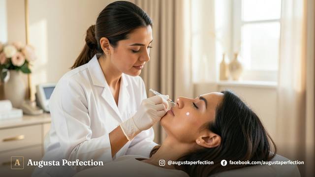 Especialista em estética preparando preenchedor para procedimento de rinomodelação em consultório sofisticado.