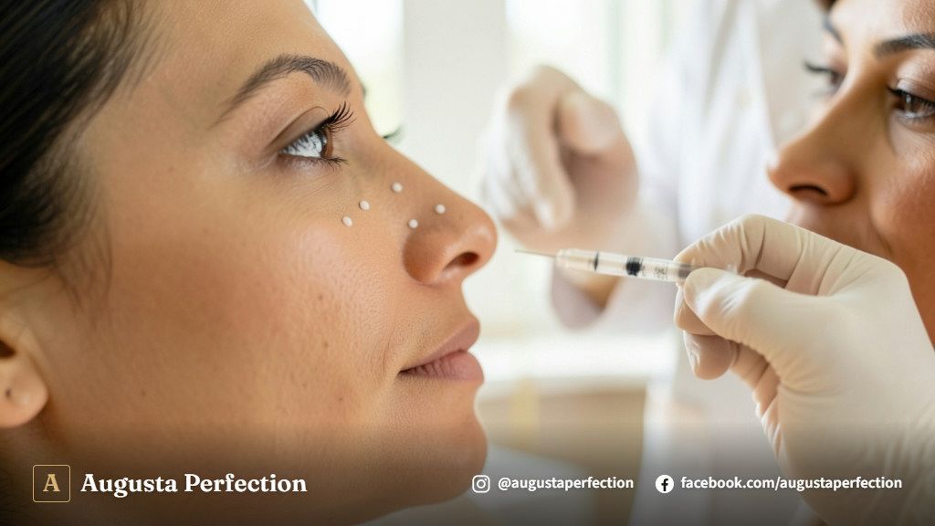 Profissional de estética preparando ácido hialurônico em ambiente clínico moderno para procedimento de rinomodelação.