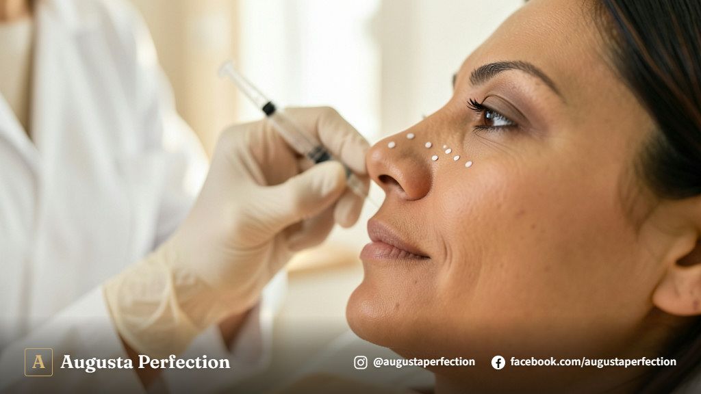 Seringa de preenchimento e ambiente clínico seguro para procedimento de rinomodelação