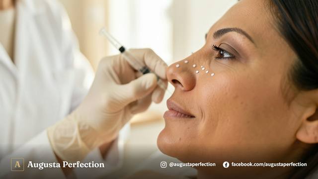 Seringa de preenchimento e ambiente clínico seguro para procedimento de rinomodelação