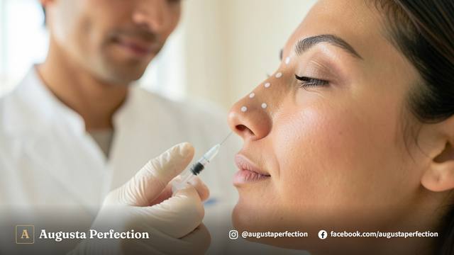 Consultório estético premium com instrumentos e caixa de preenchedor biocompatível para rinomodelação.