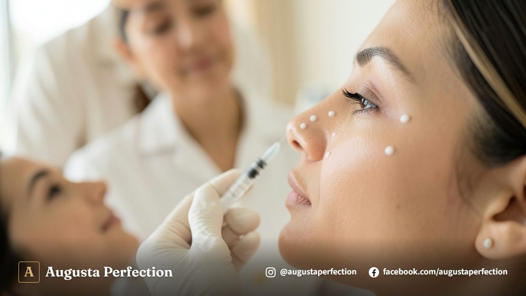 Profissional de estética médica conversando com paciente em consultório moderno e iluminado.