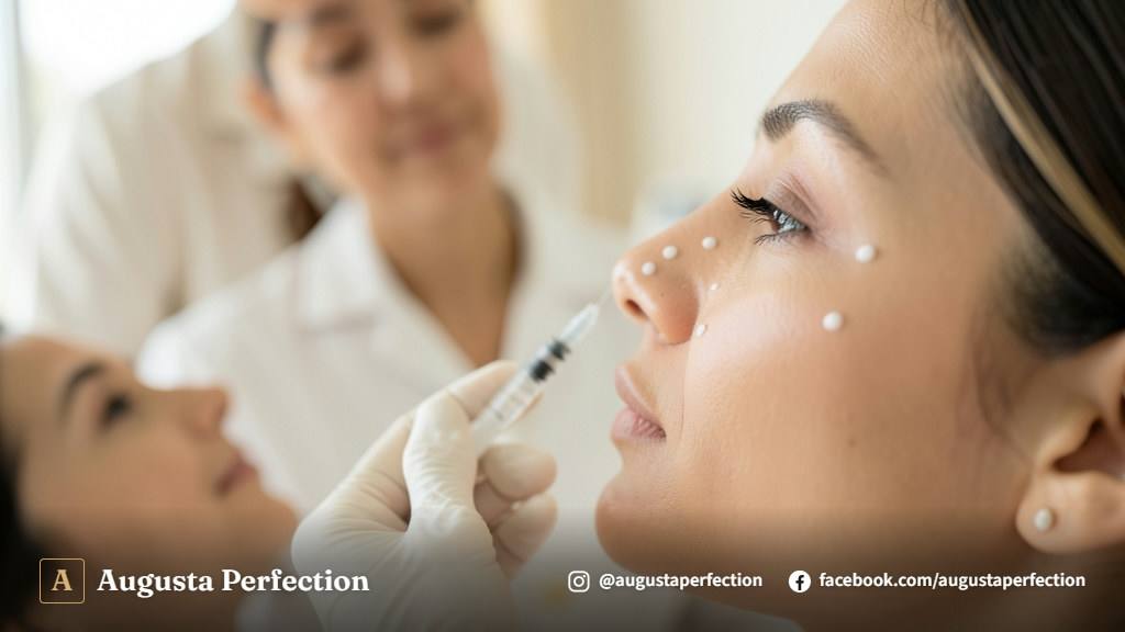 Profissional de estética médica conversando com paciente em consultório moderno e iluminado.