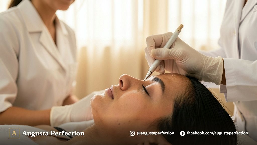Profissional de estética em ambiente clínico realizando avaliação delicada na região pálpebral da paciente.