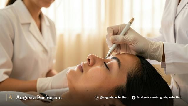 Profissional de estética em ambiente clínico realizando avaliação delicada na região pálpebral da paciente.