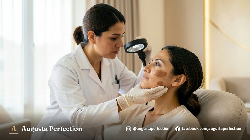 Ambiente de clínica estética preparado para tratamento de melasma com produtos e iluminação suave.