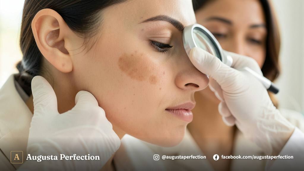 Ambiente de clínica estética com produtos para clareamento e cuidados com o melasma.