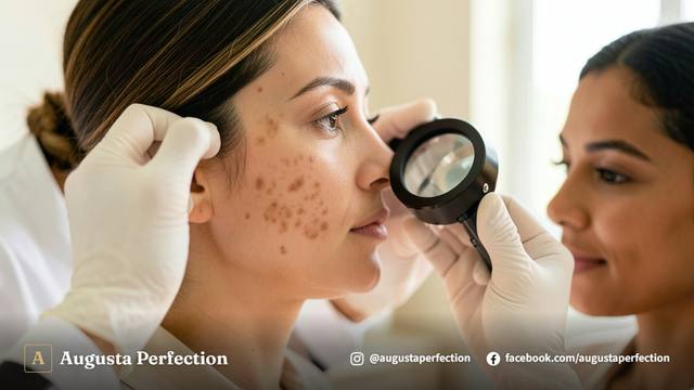 Profissional de estética segurando produto calmante em ambiente de clínica sofisticado para cuidados pós-procedimento.