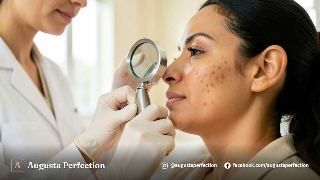 Profissional de estética preparando produtos para tratamento de melasma em ambiente clínico moderno.