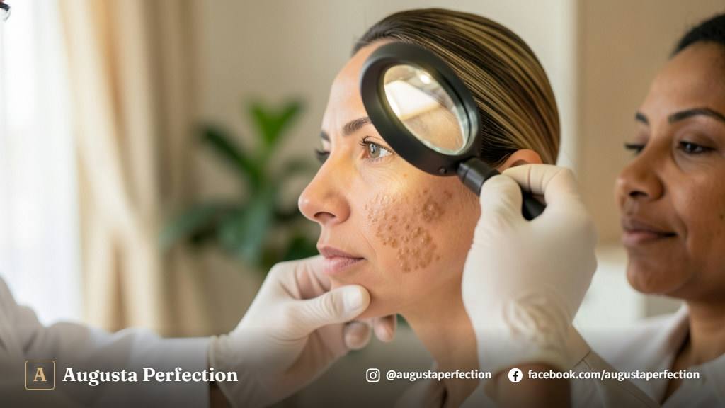 Profissional de estética avançada realizando diagnóstico de pele em consultório moderno e bem iluminado.