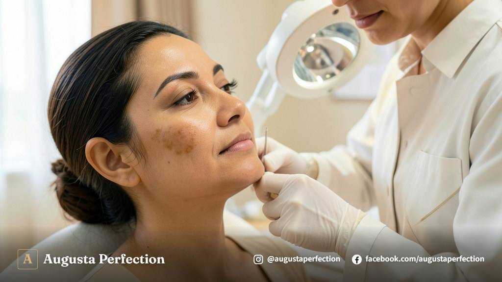 Especialista em estética realizando consulta para avaliação de melasma em ambiente clínico moderno.