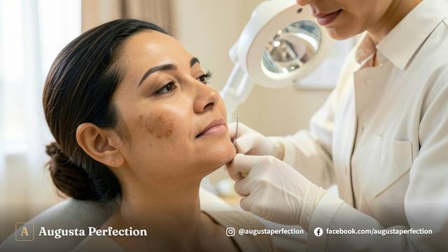 Especialista em estética realizando consulta para avaliação de melasma em ambiente clínico moderno.