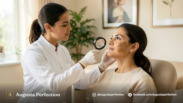 Ambiente de clínica de estética com profissional segurando cosmético calmante para cuidados com a pele com melasma.
