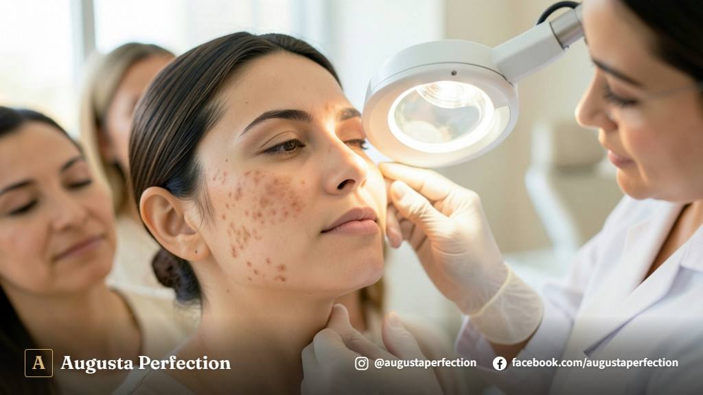 Profissional de estética preparando tratamento facial para clareamento de manchas em ambiente clínico harmonioso.