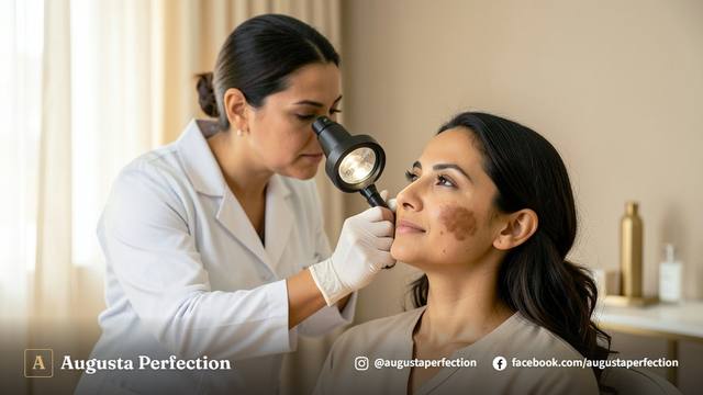 Frascos de dermocosméticos profissionais organizados em clínica estética para tratamento de melasma e manchas na pele.