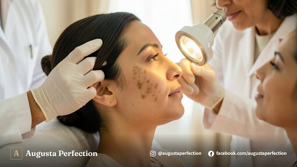 Ambiente de clínica estética elegante detalhando produtos de cuidados faciais e atendimento profissional.