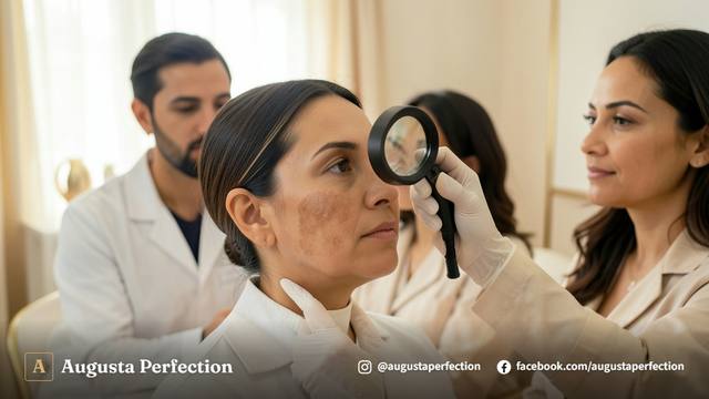 Atendimento profissional em clínica de estética para tratamento clareador de manchas de melasma na pele.