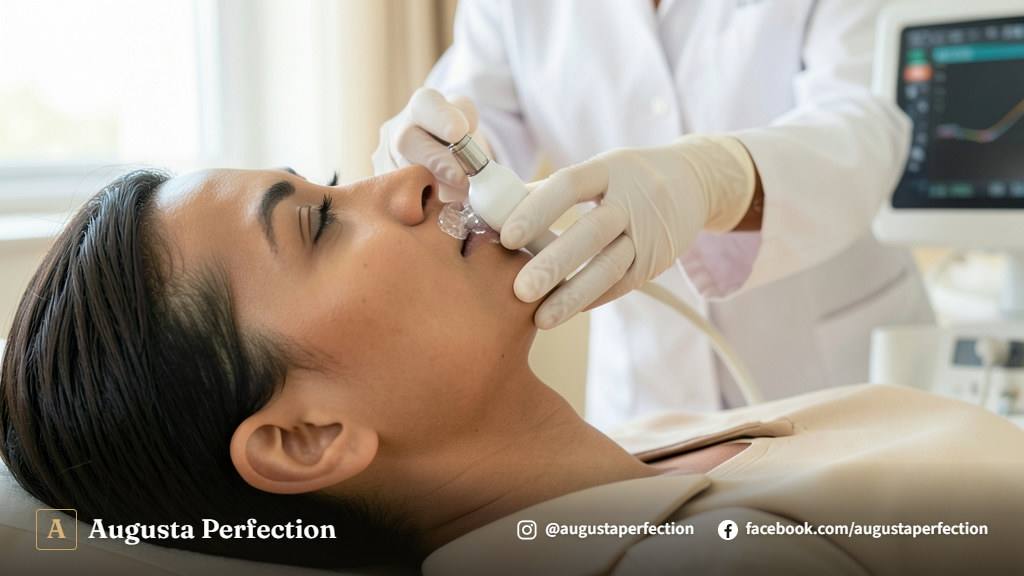Profissional realizando procedimento de ultrassom microfocado facial em ambiente de clínica estética aconchegante.