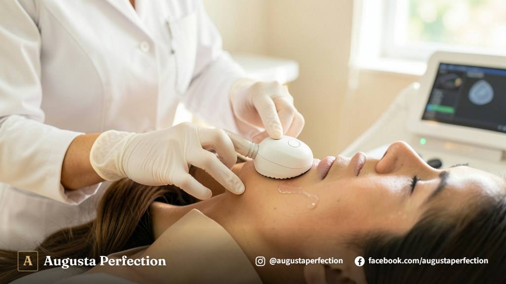 Profissional de estética preparando equipamento de ultrassom microfocado em sala de atendimento moderna em Campinas.