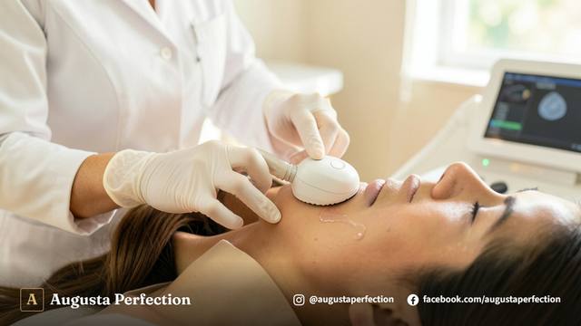 Profissional de estética preparando equipamento de ultrassom microfocado em sala de atendimento moderna em Campinas.