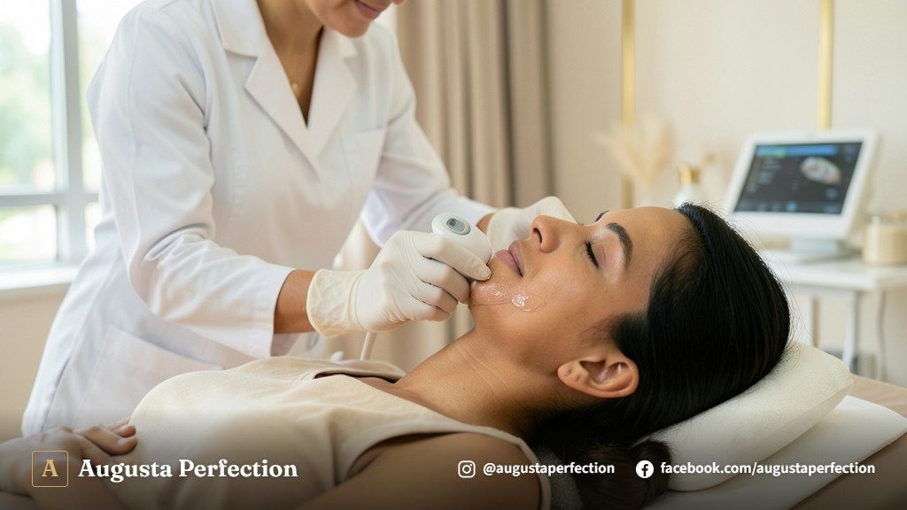 Profissional de estética com equipamento de ultrassom microfocado em consultório moderno em Jundiaí.