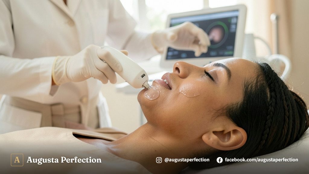 Ambiente higienizado de clínica estética de alto padrão preparada para procedimento de ultrassom microfocado.