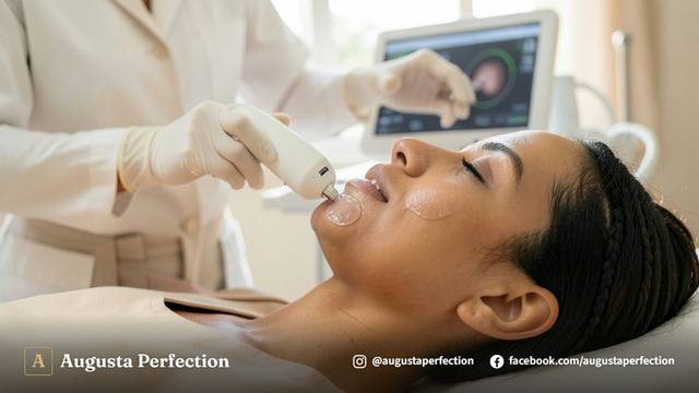 Ambiente higienizado de clínica estética de alto padrão preparada para procedimento de ultrassom microfocado.