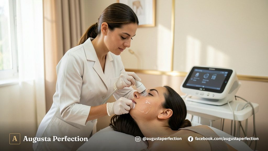 Profissional de estética em clínica premium segurando aplicador de tecnologia de ultrassom microfocado.