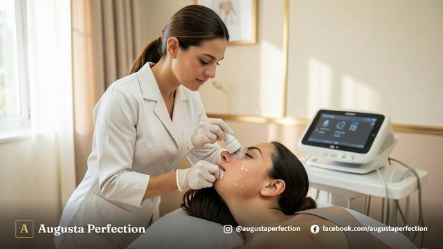 Profissional de estética em clínica premium segurando aplicador de tecnologia de ultrassom microfocado.