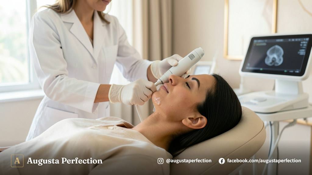 Profissional de estética aplicando ultrassom microfocado em pele escura em ambiente clínico sofisticado.