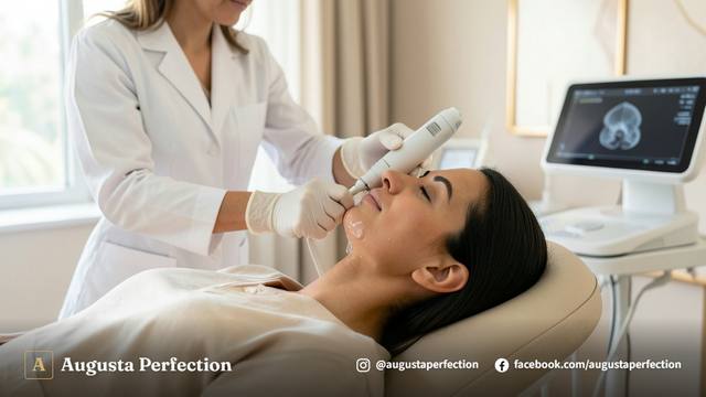 Profissional de estética aplicando ultrassom microfocado em pele escura em ambiente clínico sofisticado.