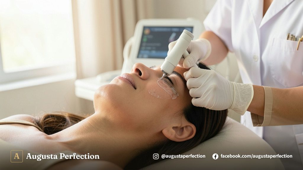 Profissional realizando aplicação de ultrassom microfocado em ambiente clínico moderno e acolhedor.