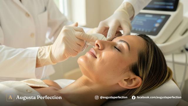 Profissional de estética segurando equipamento de ultrassom microfocado em ambiente clínico elegante e moderno.