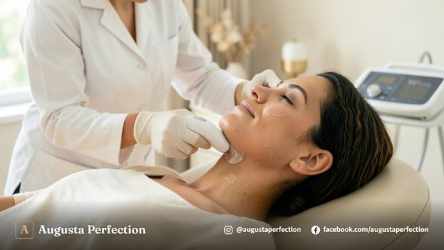 Profissional em clínica de estética preparando equipamento de ultrassom microfocado em ambiente moderno.
