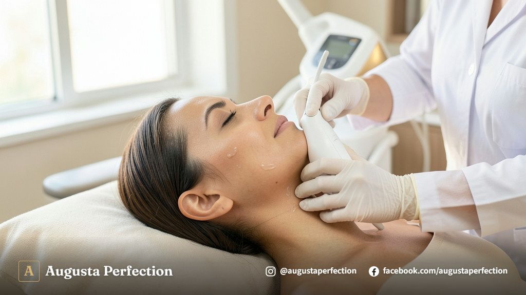 Ambiente de clínica estética elegante e profissional focado na consulta de saúde e avaliação da pele.