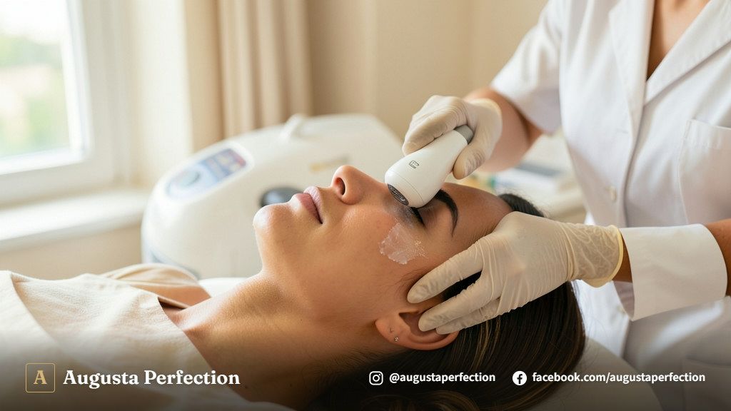 Profissional realizando procedimento de ultrassom microfocado em ambiente de clínica estética premium em Bauru.