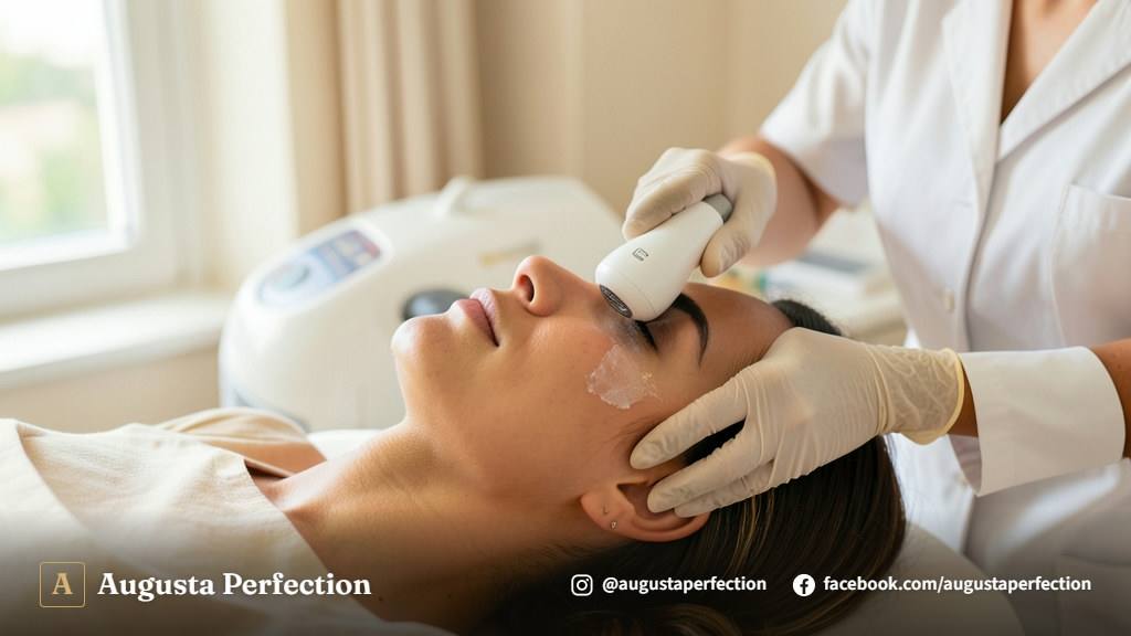 Profissional realizando procedimento de ultrassom microfocado em ambiente de clínica estética premium em Bauru.