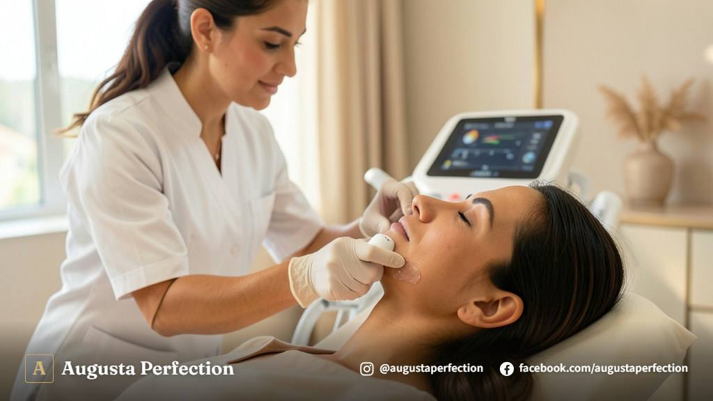 Profissional de estética segurando equipamento de ultrassom microfocado em ambiente clínico elegante e acolhedor.