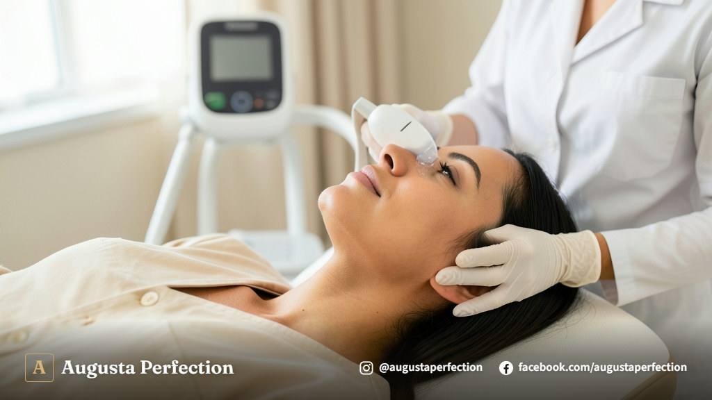 Profissional de estética segurando o manípulo de ultrassom microfocado em um ambiente clínico moderno em Jaú.