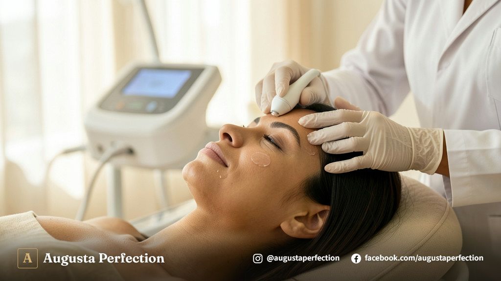 Profissional de estética ajustando equipamento de ultrassom microfocado em ambiente clínico moderno.